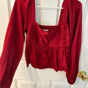 Abercrombie & Fitch Red Satin Peplum Long-Sleeve Top